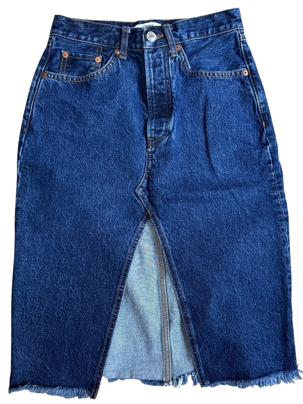 RE/DONE Heritage Rinse Stud Raw Hem Front Slit Denim Midi Skirt Size 24